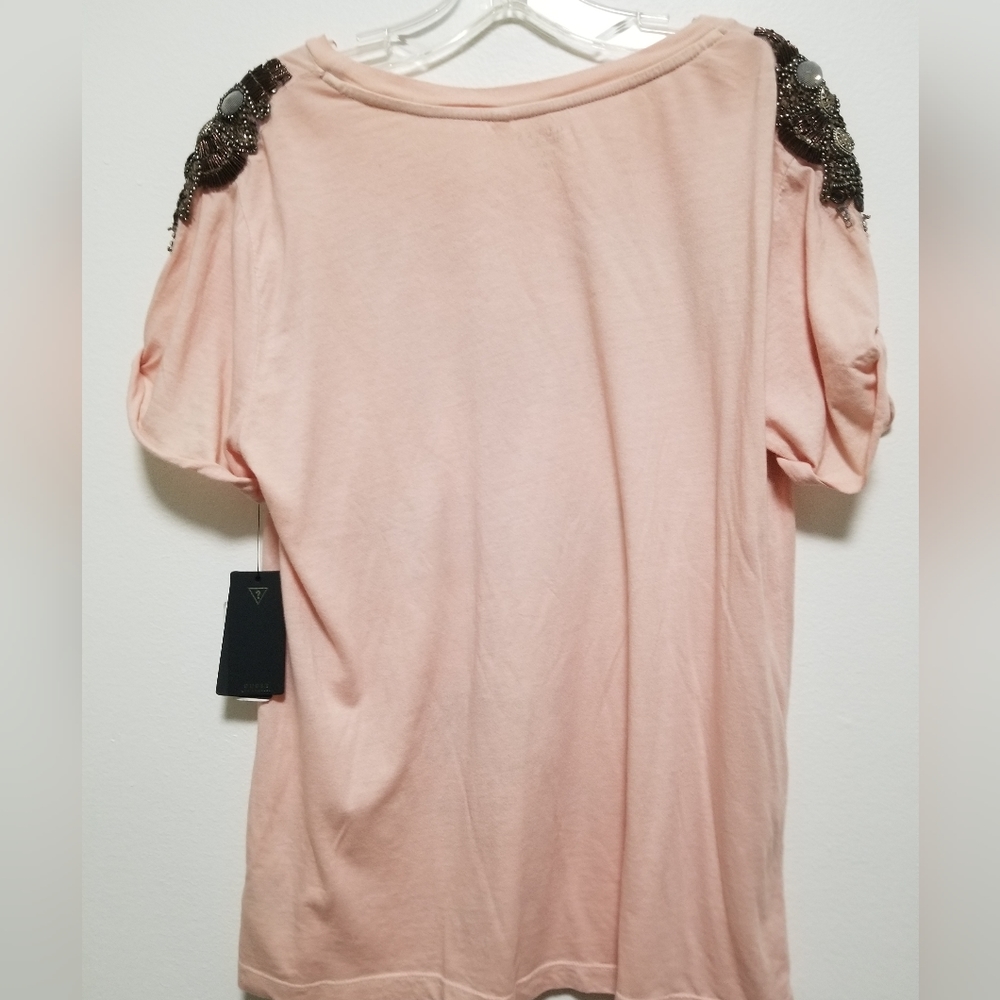 New Guess Pink Beaded Rock T-shirt Distressed Graphic Edgy Trashy & Cute Large - Picture 6 of 10